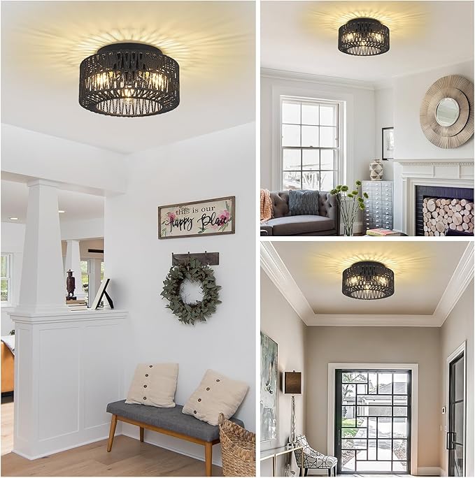 Rattan Light Fixtures, 3-Light Boho Flush Mount, Farmhouse Ceiling Light with Hand-Woven Shade, Modern Chandelier for Living, Bedroom, Entryway, Kitchen, Nursery