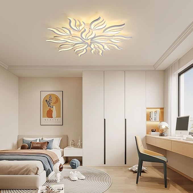 Becailyer Modern Flower Ceiling Lights, 45.2" Flush Mount Ceiling Lamp, 15-Petals Dimmable Acrylic Ceiling Lighting, 126W Close to Ceiling Fixture for Living Room Bedroom Dining Room Kitchen, White