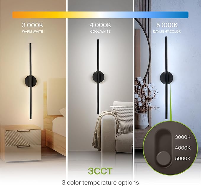 ASD LED 28" Linear Tube Wall Sconce, Modern Bathroom Light Bar | 3CCT, Dual 360° Rotatable, Dimmable, ETL Listed | 11W 1064LM 3000-5000K 100-277V | Bedroom, Hallway Vanity Lighting | Black