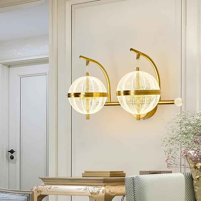 UOFUS 24W Gold Bathroom Light Fixtures Modern LED Vanity Light with Globe Acrylic LampShade 2 Lights Mid Century Wall Sconces Indoor Vanity Lights Over Mirror for Bedroom Hallway Entryway