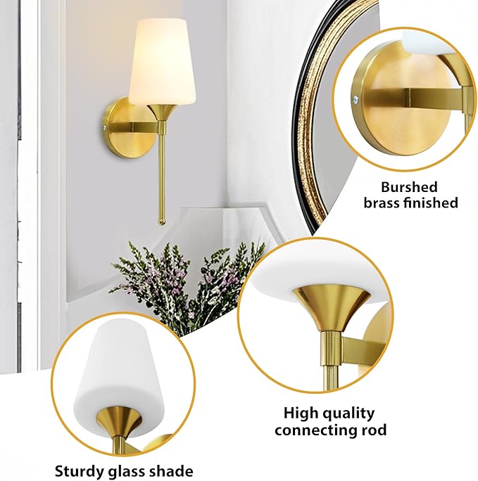 New Bathroom Vanity Light Fixtures 3 Lights Brushed Brass Glass Shade Modern Wall Bar Sconce Over Mirror (Brushed Brass, 1T)