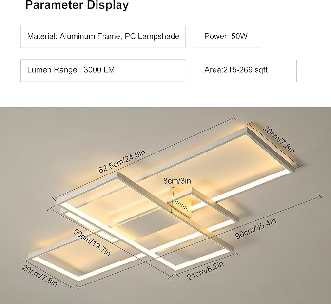 Jaycomey Modern Ceiling Light Dimmable LED Chandelier with Remote Control,50W 3-Layer Square Ceiling Lamp Acrylic Flush Mount Ceiling Lights Fixtures for Bedroom Dining Living Room Kitchen(White)