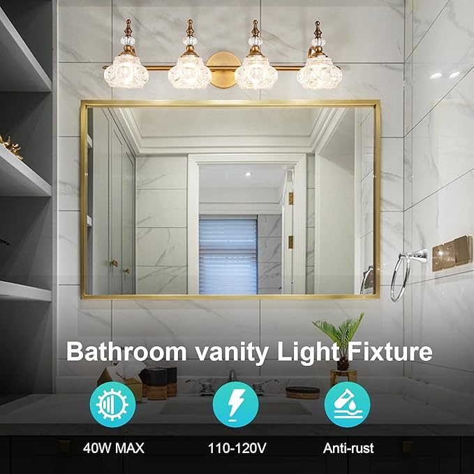 Vintage Vanity Light Fixtures, 4-Light Bathroom Lighting with Crystal Glass Lampshade, Matte Brushed Antique Brass Finish, Vanity Lights for Bathroom Bedroom Hallway