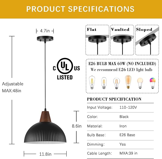 Black Pendant Lights Kitchen Island, 11.8" Dome Pendant Light Fixtures Modern Farmhouse Hanging Light for Dining Room Bedroom Bar Sink