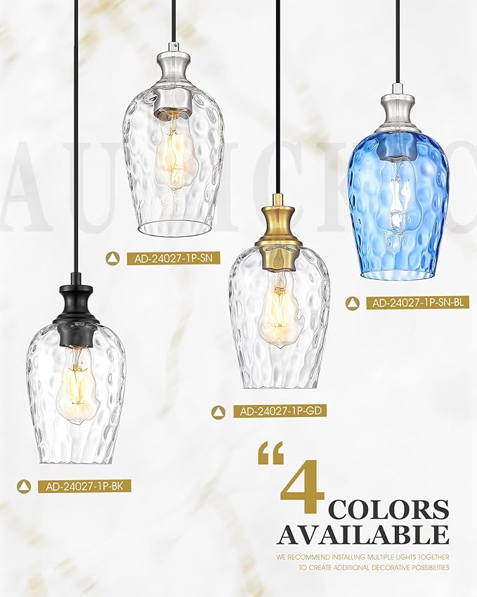 Pendant Lights Kitchen Island, Modern Brushed Nickel Hanging Lights Fixtures with Hand-Blown Hammered Blue Glass, Farmhouse Kitchen Island Lighting Over Sink, AD-24027-1P-SN-BL