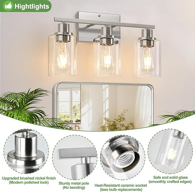 Indoi 3-Light Bathroom Light Fixtures, Brushed Nickel Vanity Lights with Clear Glass Shades, Modern Bathroom Wall Lamp for Mirror Living Room Cabinet Bedroom Porch