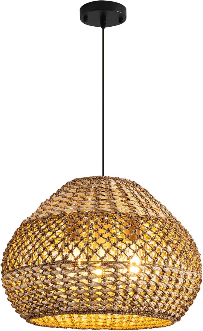 Rattan Pendant Light Fixtures,18.9" Boho Seagrass Pendant Light,3-Light Hand Woven Water Plants Rattan Chandelier for Dining Living Bedroom Kitchen Farmhouse