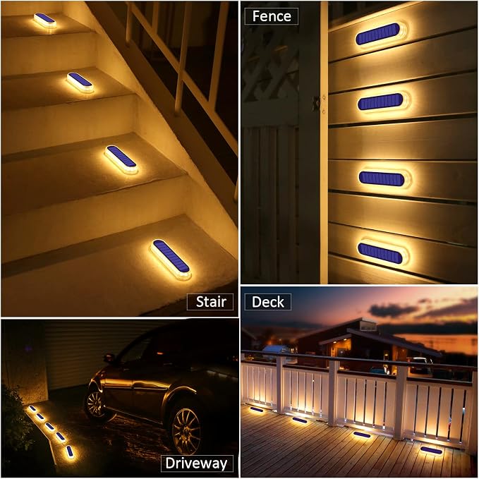 YiLaie Solar Step Lights Outdoor Waterproof Dock Deck Stair Stick on Lights Solar Powered for Outside RV Decor Strips Garden Front Porch Patio Auto ON/Off (Warm White 4 Pack)