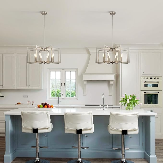 Klgxnrd 8-Light Modern Farmhouse Brushed Nickel Chandeliers for Dining Room, Large Industrial Kitchen Table Chandelier, Metal Geometric Hanging Light Fixture for Living Room Entryway Foyer Stairway