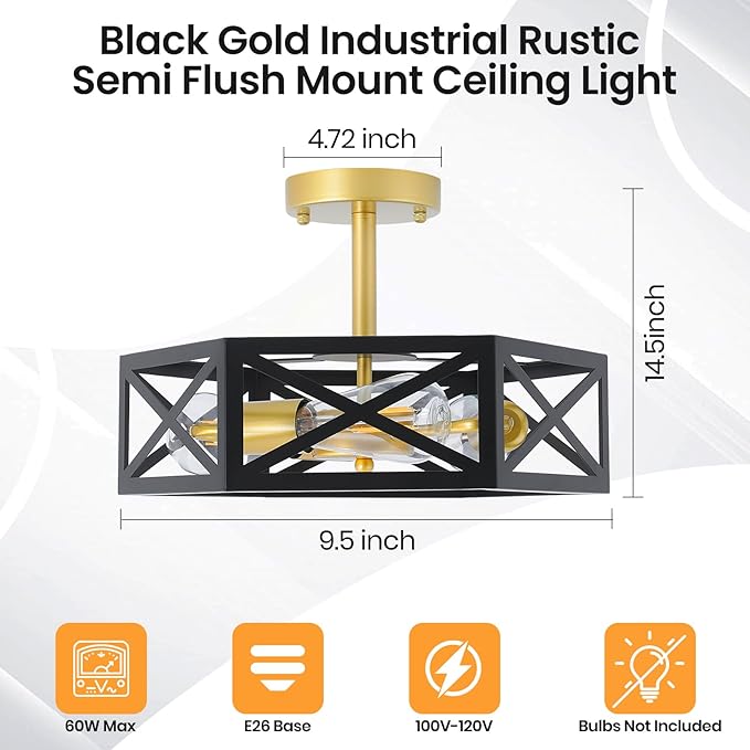 Farmhouse Light Fixtures Ceiling Mount 3-Light E26 Black Gold Semi Flush Mount Ceiling Light Fixture, Industrial Rustic Close to Ceiling Hallway Lights for Bathroom Entryway Kitchen