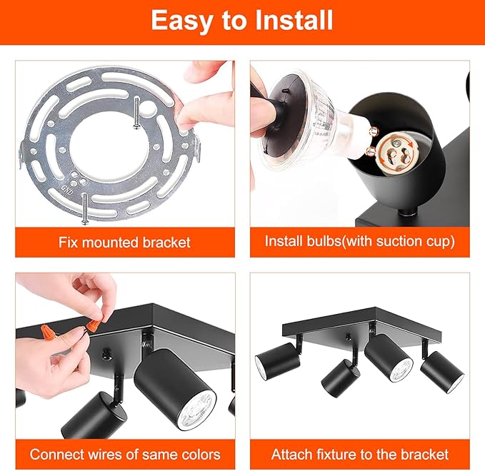 Ketom Ceiling Spot Lights Indoor: 4 Lights Led Flush Mount Ceiling Light Fixture GU10 Head Modern Black Adjustable Directional Light for Kitchen Bathroom Bedroom Hallway