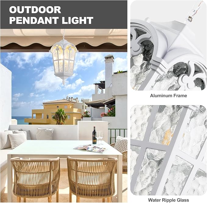 Dusk to Dawn Outdoor Pendant Light for Porch Patio Garden Yard, Anti-Rust Aluminium Exterior Hanging Light Fixtures, Outside White Hanging Ceiling Light, Height Adjustable Outdoor Pendant Lamp, 2 Pack