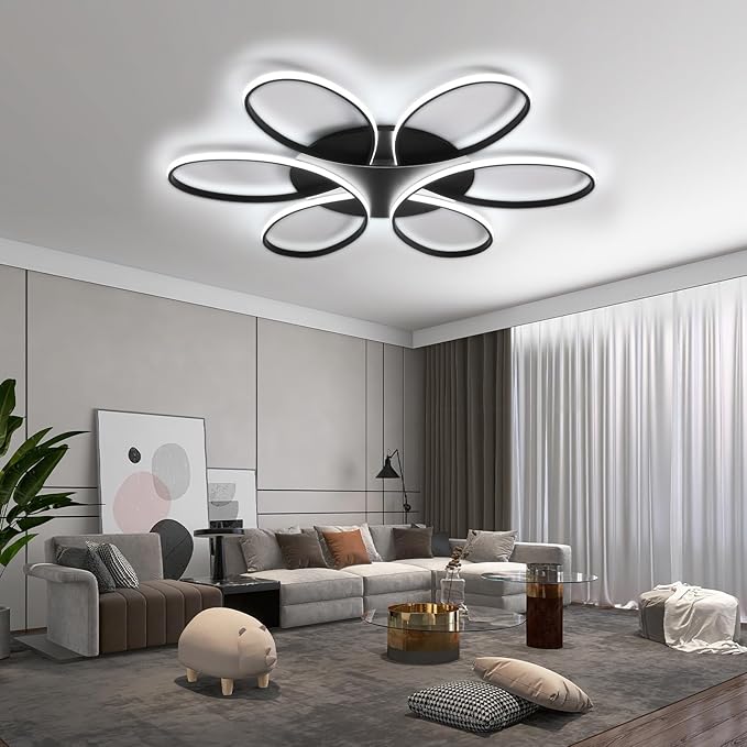 Modern LED Ceiling Light Fixture Black Flush Mount Ceiling Lamp with Remote Control Dimmable 6 Rings Flower Shaped Ideal for Living Room Bedroom Dining Room Kitchen(75CM/29.5IN)