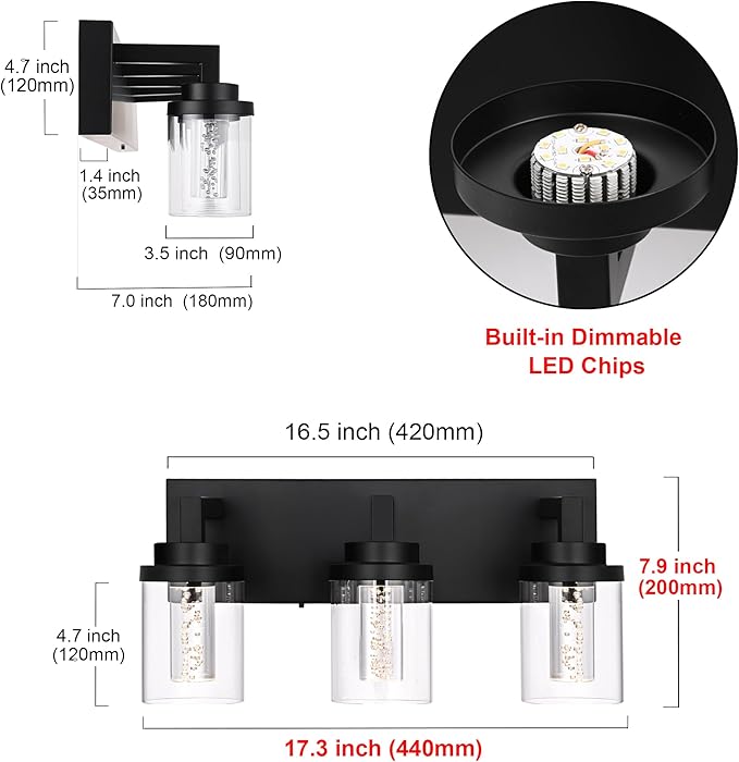 MELUCEE 3-Light LED Bathroom Lighting Fixtures Over Mirror Modern Bathroom Vanity Light Fixtures 5CCT Black Vanity Light Above Mirror with Bubble Crystal and Clear Glass Shade, Built-in LED Chips
