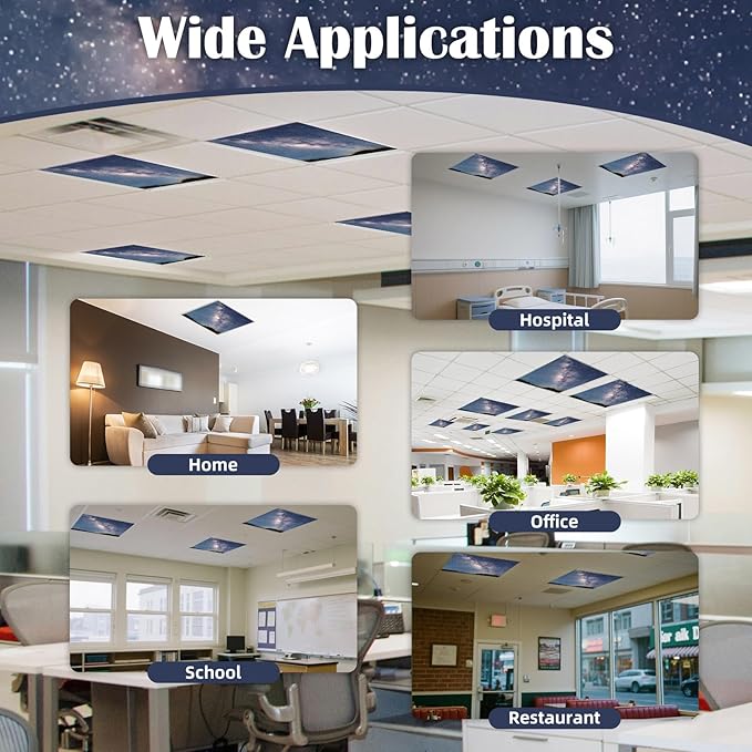 ANGSYLTH 2 x 2 Feet Fluorescent Light Covers - 4 Pcs Covers for Ceiling Lights, Magnetic Light Filters for Classroom, Office, Hospitals, Home (Starry Sky)