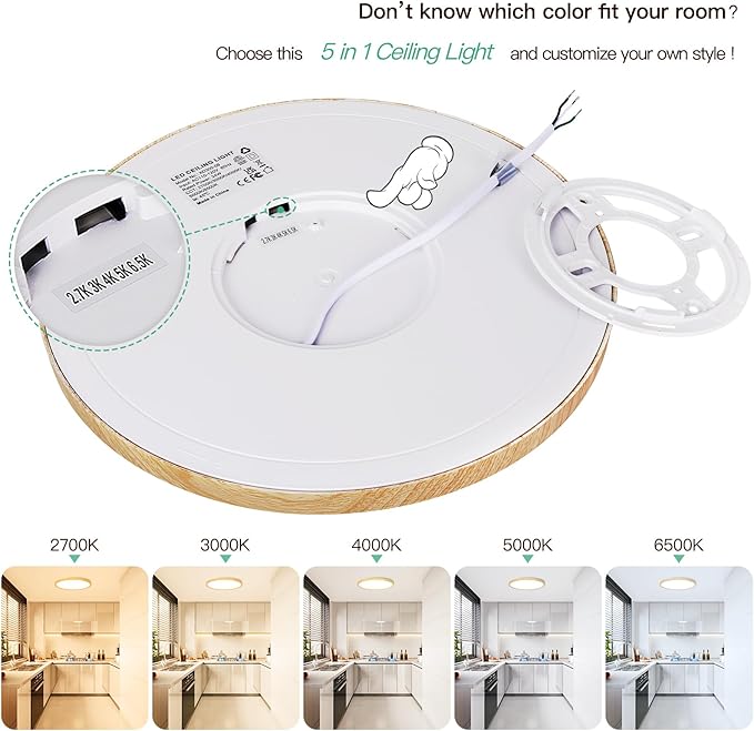 Brightever 2 Pack LED Flush Mount Ceiling Light Fixture, 12 Inch 24W, Super Slim 0.67 Inch 3200LM LED Ceiling Lights Wooden Color, Dimmable & 2700K-6500K 5 Color in One Ceiling Lamp for Office