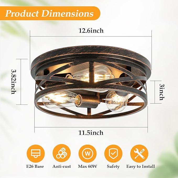 3-Light Flush Mount Ceiling Light Fixture, Farmhouse Ceiling Lights for Kitchen, Modern Black Close to Ceiling Light for Hallway Bedroom Balcony Porch Stairway, E26 (Oil Rubbed Bronze, 1 Pack)