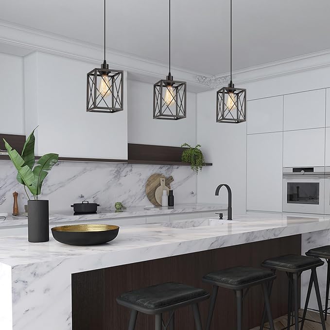 Farmhouse Pendant Light Fixture, Black Pendant Lights for Kitchen Island Industrial Lantern Pendant Light Fixtures with Light Shade, Adjustable Height Hanging Pendant Lighting