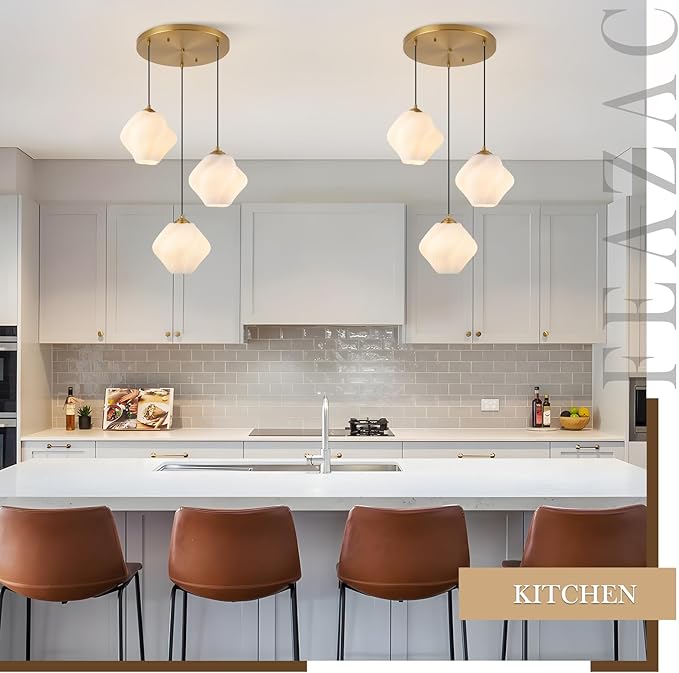 3-Light Cluster Pendant Lights, Mid Century Modern Cluster Chandelier with Milk White Glass, Brass Gold Pendant Lighting for High Ceiling, Kitchen Island, Staircase, Dining Room, Living Room