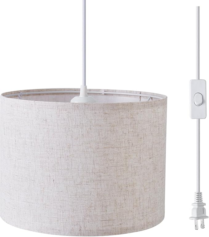 KUAUGST Plug in Pendant Light, 15 FT Hanging Lamp with Plug in Cord, On/Off Switch, Pendant Lighting with Fabric Shade, Hanging Light Fixture for Living Room, Bedroom, Dining Room, Kitchen