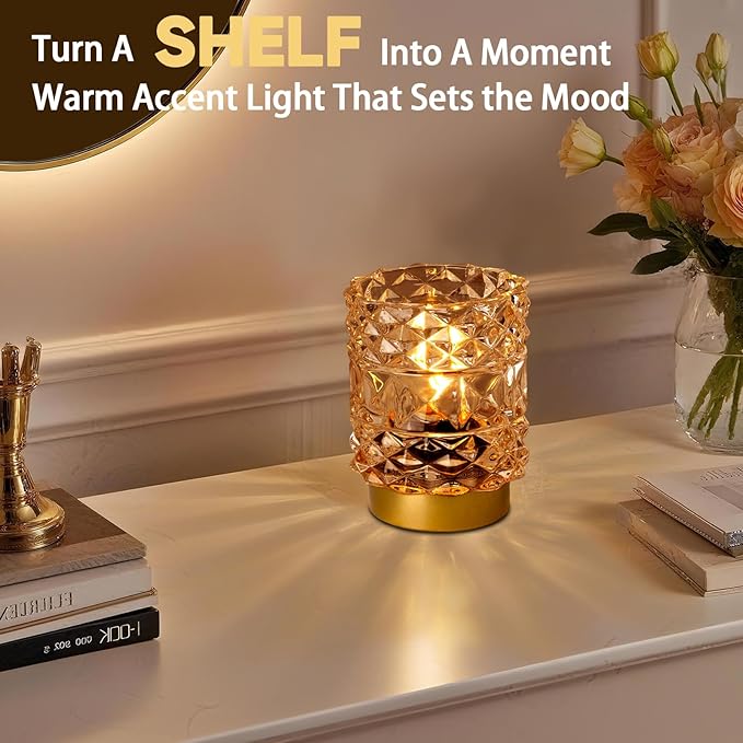 MJ PREMIER Battery Operated Lamp with Timer, Cordless Table Lamps for Shelf Decor, Rhombus Texture Aesthetic Crystal Lamp, Small Decorative Lamps for Bedroom/Bathroom/Kitchen/Entryway/Dorm (Yellow)