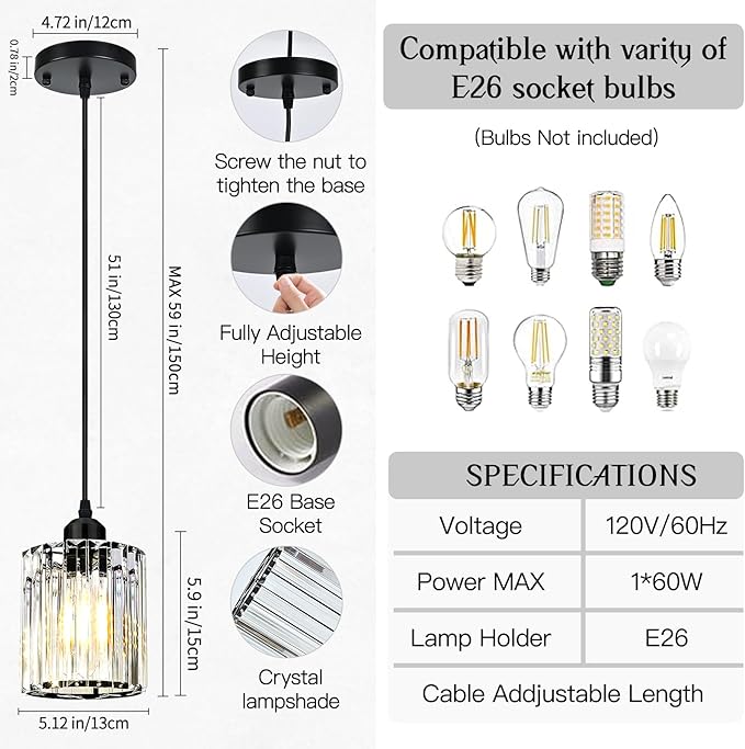 3 Pack Pendant Lights Kitchen Island, Elegant Modern Island Lights for Kitchen with Crystal Glass – Luxury Black Pendant Lights for Kitchen Island, Dining Table, Entryway, Restaurant