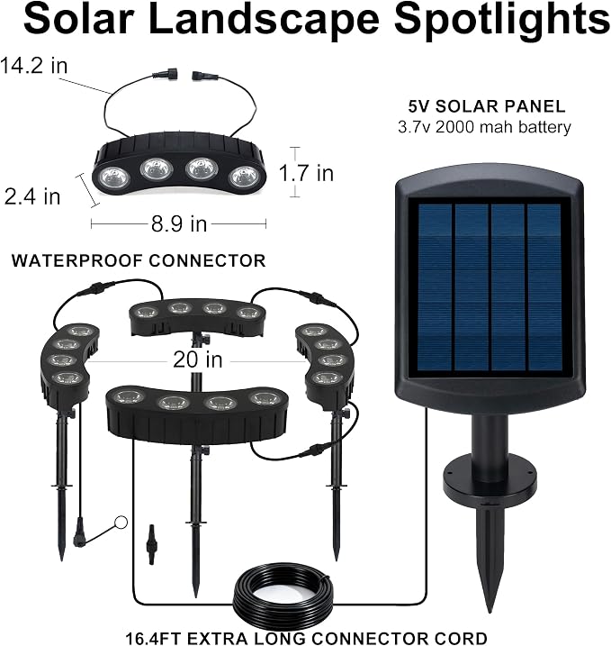 Solar Spot Lights Outdoor, 16 LED Solar Powered Landscape Spotlights Waterproof,3-in-1 Installation (Stake/Tie/Mount) for Trees, Garden, Yard, Flag, House, Statue