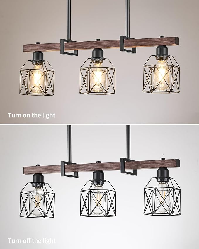 Industrial Pendant Light Fixture, 3-Light Kitchen Island Lighting with Wood Grain Bar and Black Metal Cage, Farmhouse Rustic Hanging Ceiling Lamp for Dining Room, Living Room