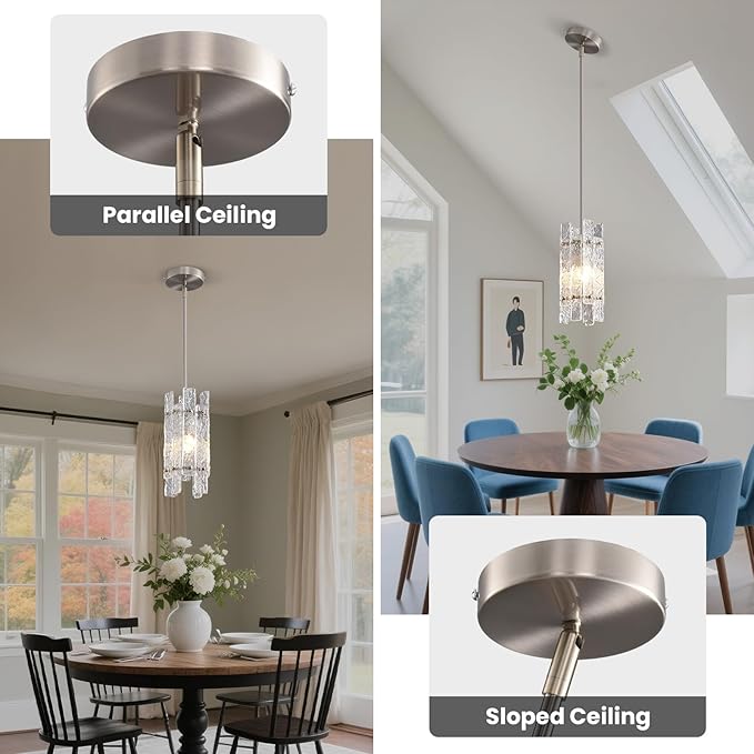 Brushed Nickel Crystal Pendant Light for Kitchen Island, Modern Luxury Mini Water Ripple Glass Chandelier Fixture, Square Adjustable Hanging Pendant Lighting for Dining Room Bedroom Hallway (1-Pack)
