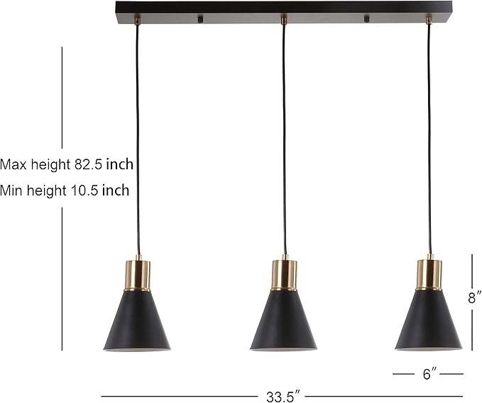 JONATHAN Y 33.5" Black/Brass Gold Apollo Mid-Century Modern Iron LED Pendant, Black Metal Shade, Adjustable Hanging Ceiling Light for Kitchen Island, Hallway, LED Bulb Included (JYL6134A)