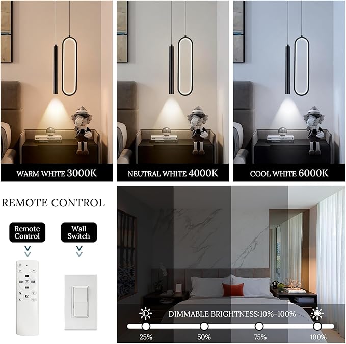 Black Modern Mini LED Pendant Light with Remote Control, 24W 3-Color Temp Stepless Dimmable Ceiling Hanging Light for Bedroom Kitchen Island Dining Room Foyer Entryway