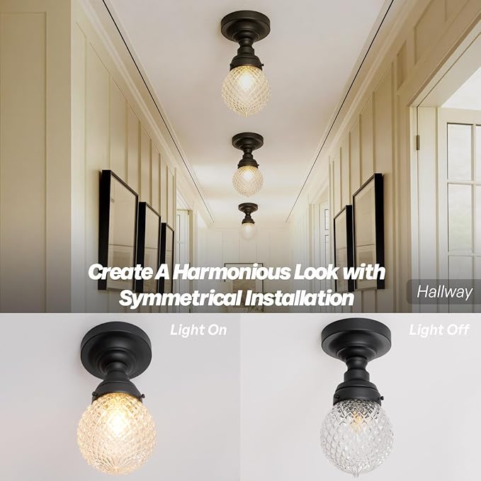 Schoolhouse Semi Flush Mount Ceiling Light,Black Close to Ceiling Light Fixtures with Hand-Blown Glass Shade Modern Hallway Ceiling Lamp for Laundry Entryway Kitchen Bathroom E26
