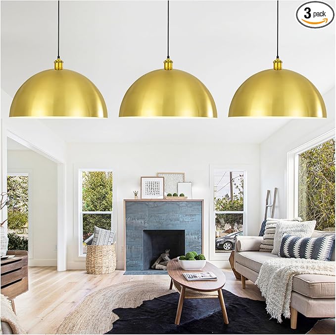 Gold Pendant Light, 20" Farmhouse Ceiling Light with Gold and White, Elegant Semi-Circular Shade Design, Adjustable Height Industrial Dome Pendant Lights for Kitchen Island, Dining Room