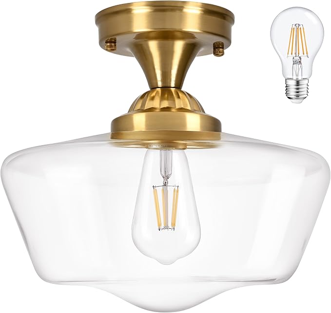 Brass Schoolhouse Light Fixture 12" Mid Century Light Fixture Schoolhouse Light Fixtures Ceiling Clear Glass Semi Flush Mount Ceiling Lights for Bedroom Bathroom Kitchen(Bulb Incl.)