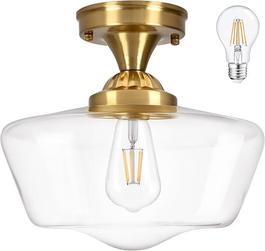 Brass Schoolhouse Light Fixture 12" Mid Century Light Fixture Schoolhouse Light Fixtures Ceiling Clear Glass Semi Flush Mount Ceiling Lights for Bedroom Bathroom Kitchen(Bulb Incl.)