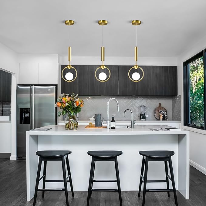 Modern Globe Glass Pendant Light fixtures 1-Light, Simplicity Gold Pendant Lighting, Mid Century Chandelier for Kitchen Island Dining Room Bedroom Entryway Hallway(2-Pack)
