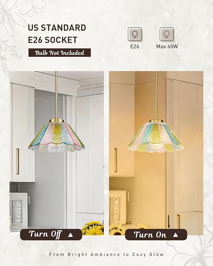 Gold Pendant Light, HWH 10.4-inch Hanging Light Fixture for Living Room, Dining Room, Bedroom, Pendant Lights Kitchen Island with Colored Floral Glass, Gold Finish, 5HJX110MIL BG-C