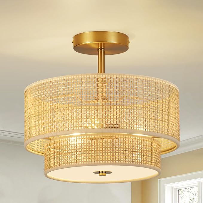 Boho Light Fixture Ceiling Mount,13'' Semi Flush Mount Ceiling Lights Fixture,3-Light Farmhouse Chandelier,Rattan Ceiling Light with 2-Tier Drum Shade,Drum Light Fixture for Bedroom Living Room