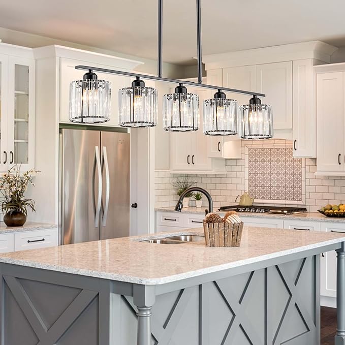 36" Black Chandeliers for Dining Room Light Fixtures over Table, 5-Light Black Linear Farmhouse Pendant Lights Kitchen Island Lighting, Modern Island Lights for Kitchen with Clear K9 Cystal Shades