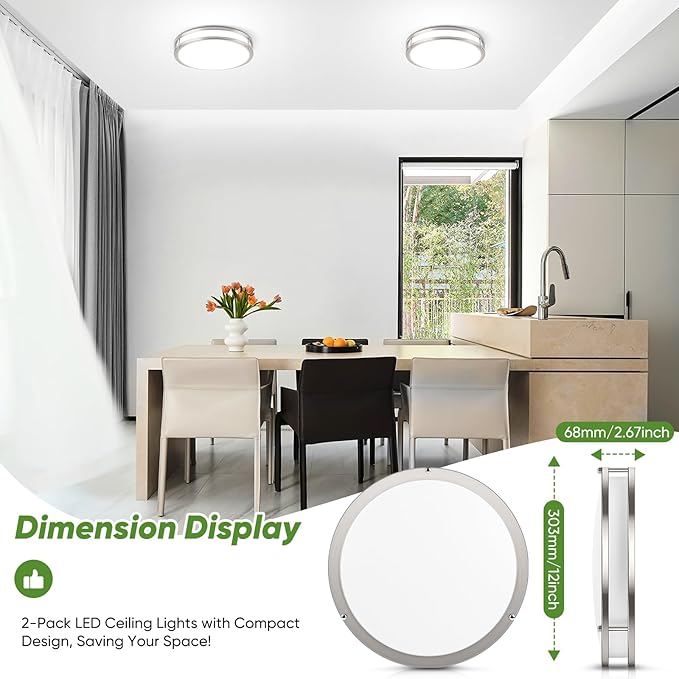 TOBUSA 2-Pack 12 Inch Flush Mount LED Ceiling Lights, 36W 3600lm Super Bright Kitchen Light Fixtures, 5CCT Adjustable LED Lights for Bedroom Bathroom Closet, Modern Ceiling Lamps, Brushed Nickle