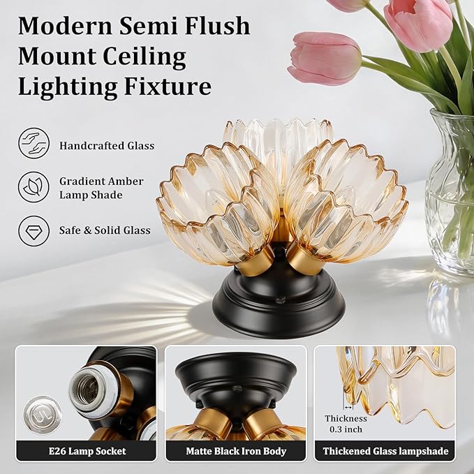 TALOYA Semi Flush Mount Ceiling Light,3-Light Close to Ceiling Light Fixtures with Amber Tulip Glass Shades Modern Farmhouse Lighting Fixtures for Hallway Corridor Kitchen Bathroom Bedroom Passway