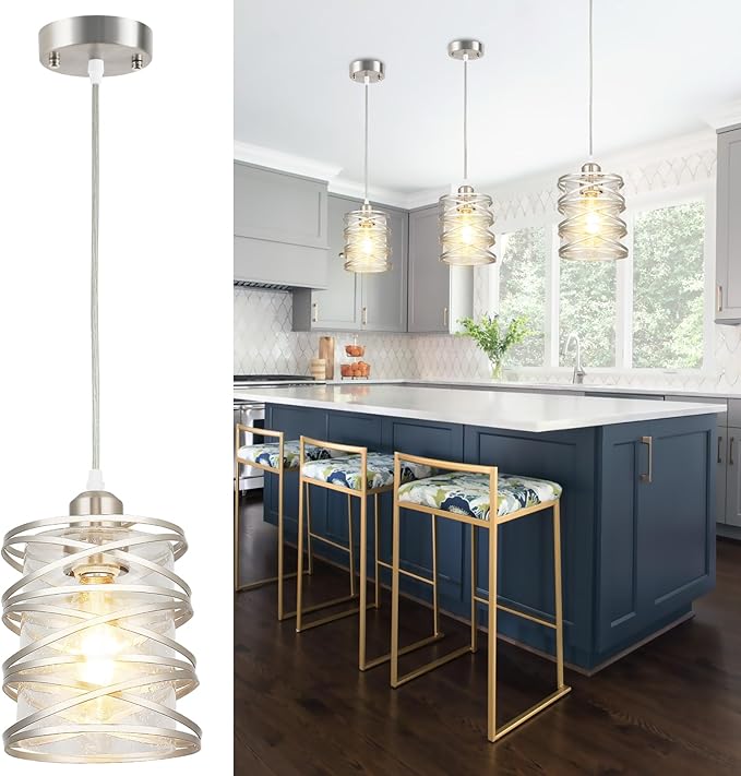 Brushed Nickel Pendant Light for Kitchen Island, Spiral Iron Pendant Light Fixtures with Seeded Glass Shade, Adjustable Height Hanging Pendant Lighting for Dining Room Hallway Kitchen Foyer