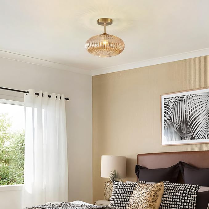 BOKT Vintage Brushed Brass Semi Flush Mount Ceiling Light Amber Ribbed Glass Pendant Light Mid Century Modern Gold Close to Ceiling Light Fixture for Indoor Use 9.8"