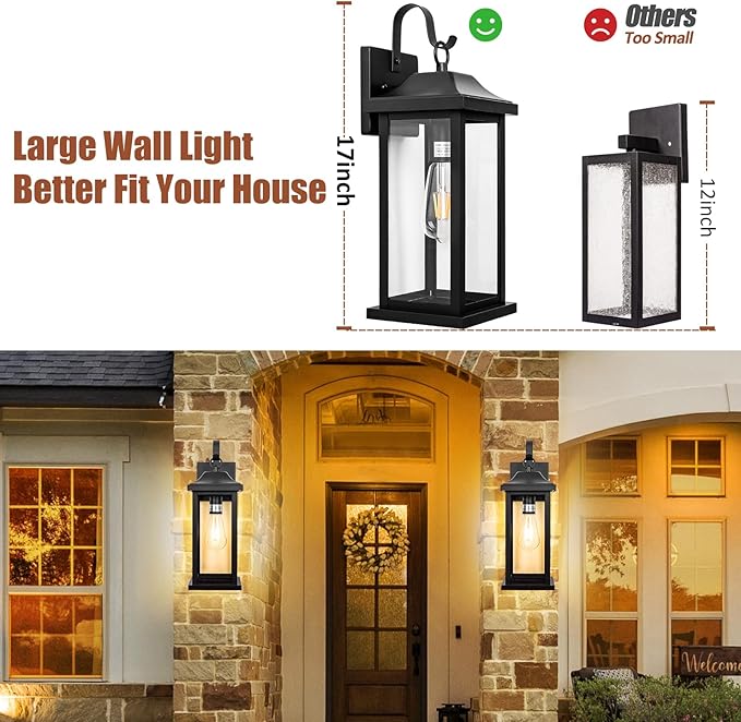 2-Pack Large Outdoor Light Fixtures IP65 Waterproof, Exterior Matte Black Sconces Wall Lighting Anti-Rust Porch Lights Outdoor with Clear Glass 17” Outside Modern Wall Lanterns for House