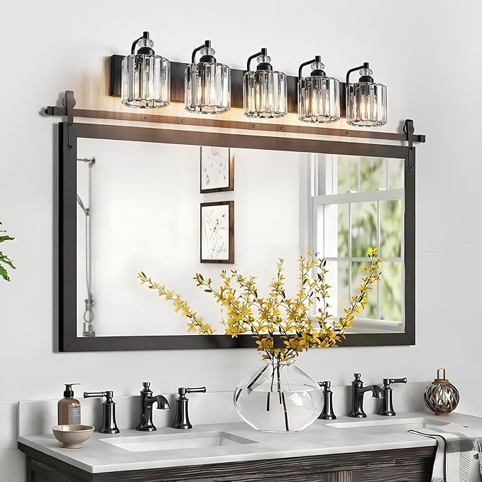 5-Light Black Bathroom Light Fixtures Over Mirror Modern Vanity Lights Crystal Wall Sconce Vintage Bathroom Lighting with Crystal Shade E26 Base for Bedroom, Living Room, Hallway
