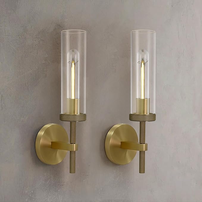 Knurled Wall Sconces Set of Two, Brass Wall Sconce Lights, 14" Gold Bathroom Wall Sconces, Glass Linear Sconce Wall Lighting, Vanity Lights Bathroom Light Fixture Wall Lights for Living Room