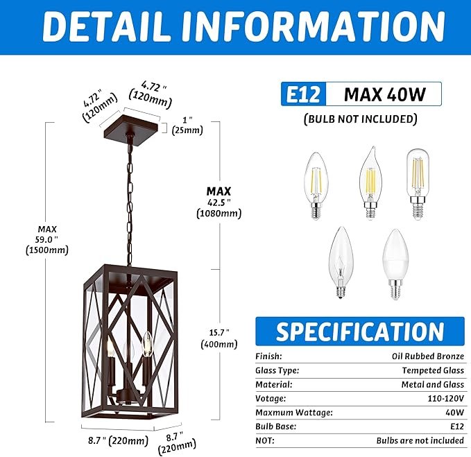 Outdoor Pendant Light Fixture 3-Light, 15.7in Farmhouse Bronze Outdoor Chandelier Hanging Porch Light, Metal Exterior Ceiling Mount Hanging Lantern with Clear Glass for Front Door Entrance