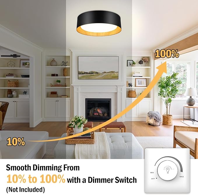 BrightHome Flush Mount Ceiling Light, 13in 2600LM 25W(300W Equiv), LED Ceiling Light Fixture 5CCT 2700K 3000K 4000K 5000K 6000K, Dimmable Ceiling Lamp for Bedroom Bathroom Hallway, Black and Wood