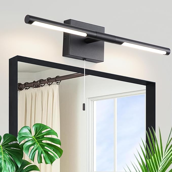 24 Inch Black LED Bar Bathroom Vanity Light,360° Rotatable Vanity Light Fixtures with Pull Chain Over Mirror,4000K Modern Bathroom Sconces Wall Lighting Picture Light