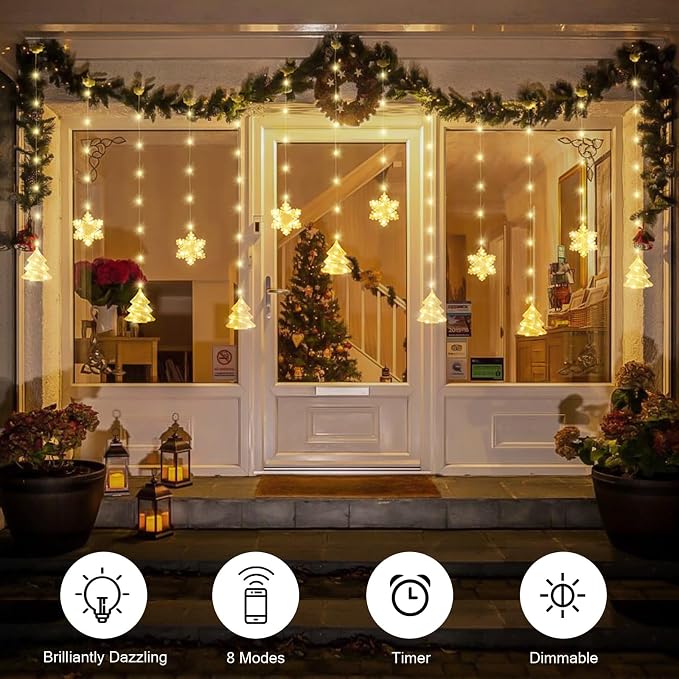 BLOOMWIN Christmas Window Lights Indoor - 2M 160 LED Christmas Window Decorations, Snowflake Curtain Hanging Fairy String Icicle Lights for Xmas Noel Bedroom Holiday Home Outdoor, Warm White USB